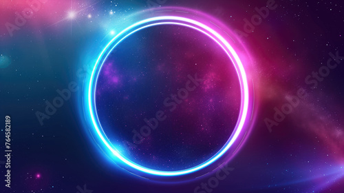 abstract background, cosmic landscape, round portal, pink blue neon light, virtual reality, energy source, glowing round frame, dark space, ultraviolet spectrum, laser ring, generative ai