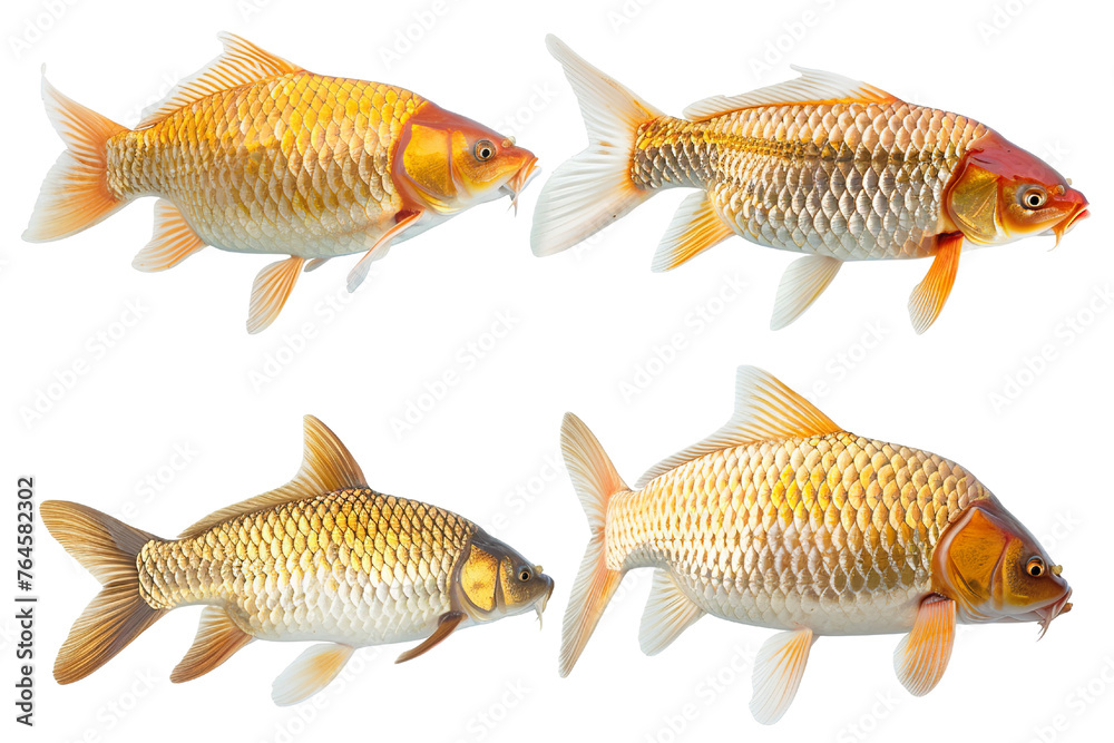 Collection of 4 Carp fish In different view isolated on white background PNG