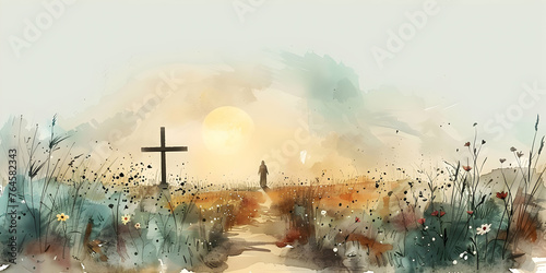 religious catholic illustration graphic of the cross of Jesus Christ the Savior, symbol of christianity and faith in god, watercolor art painting photo