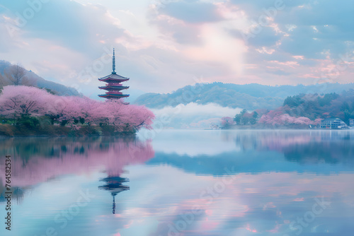 Sakura Blossom Season in Japan: Tranquil Landscape Featuring a Traditional Pagoda and Cherry Blossom Trees