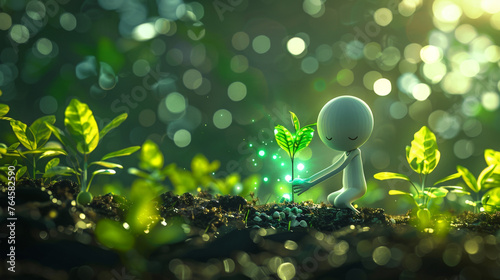 A small, white, cartoon figure tenderly touches a glowing green plant amidst a dark, mystical forest under soft, ethereal lights.