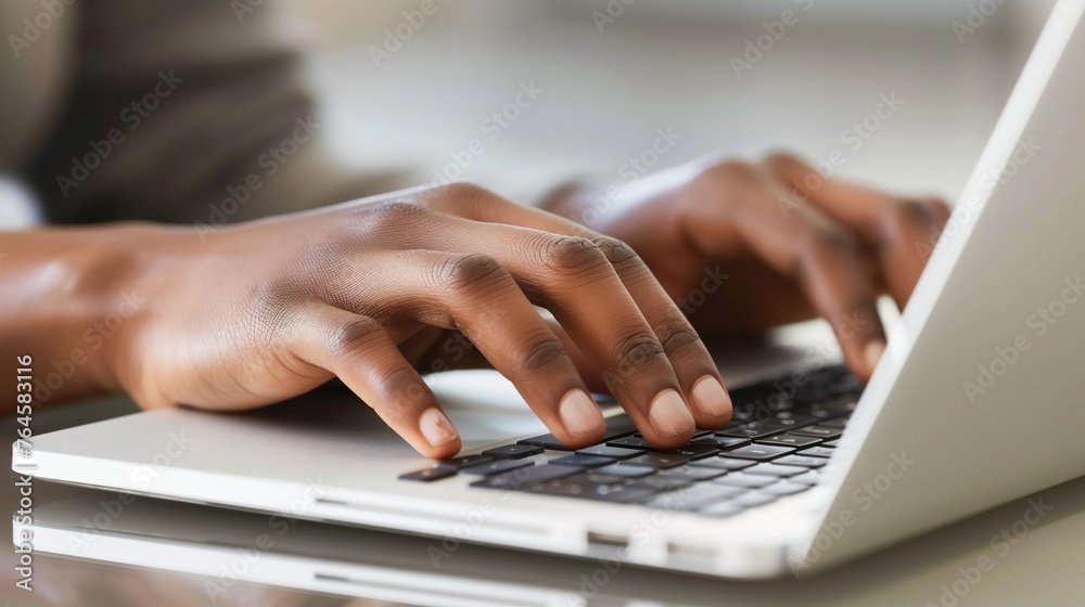 Business man using laptop computer at home. Male hand typing on laptop keyboard in office. Businessman, student, work from home, distance education, online learning, studying concept, generative ai Business man using laptop computer at home. Male hand typing on laptop keyboard in office. Businessman, student, work from home, distance education, online learning, studying concept, generative ai