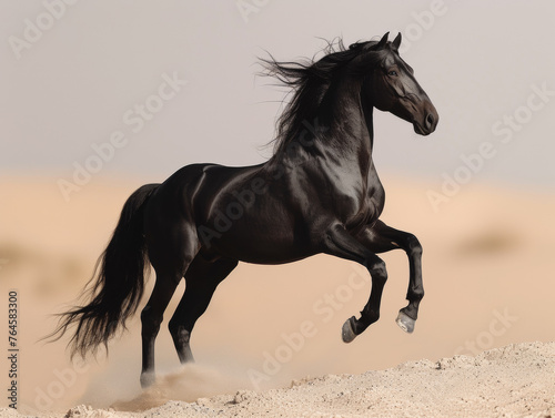 Black horse galloping on sand in the desert © Анна Терелюк