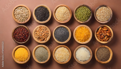 Various Superfoods in Small Bowl on Colored Background