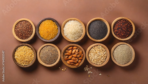 Various Superfoods in Small Bowl on Colored Background