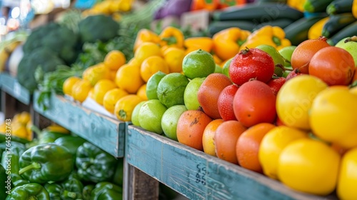 Colorful Fresh Fruits and Vegetables in a Farmers Market