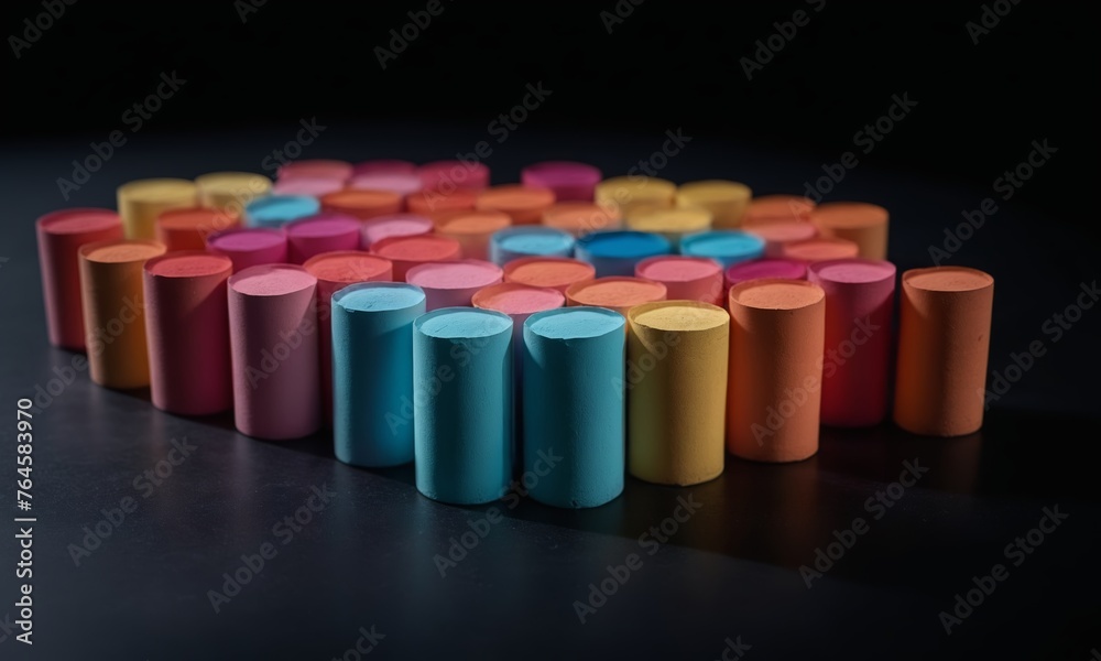 Colorful chalks in a row on black background, selective focus