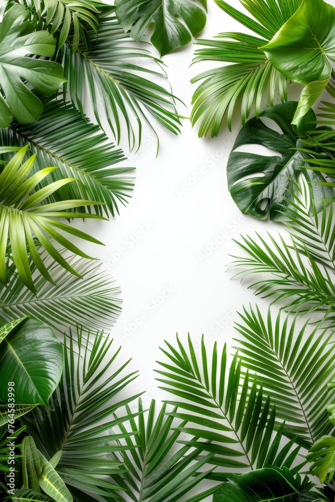 Indoor oasis with vibrant green leaves of tropical plants, eco-friendly decor, isolated on white background, fresh greenery, nature-inspired serene atmosphere.