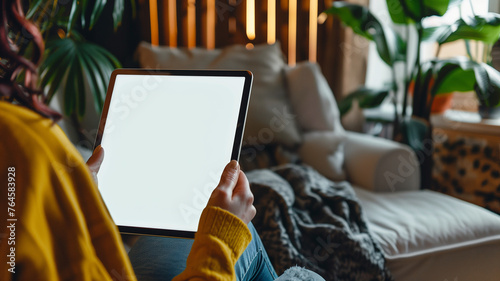 Obraz na płótnie A woman holding an SmartPad with a white screen, sitting on the couch in her living room with a close up shot of the tablet screen and a blurred background in the style of a mockup w salonie
