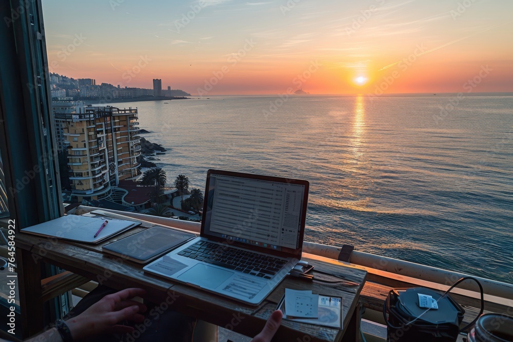 Fototapeta premium Revolutionize Your Work from Anywhere Lifestyle: Techniques for Sunset Remote Work, Digital Investment, and Perpetual Discovery in Achieving Boundless Financial Optimization and Work Efficiency.
