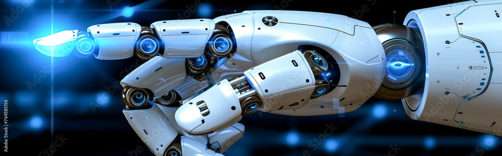 robot hand touching screen on black background with copy space robot hand touching screen on black background with copy space