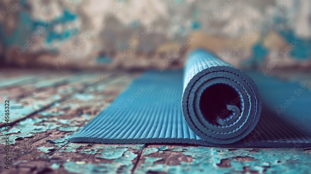 Close-up of a yoga mat, textured and worn, conveying years of practice - obrazy, fototapety, plakaty 