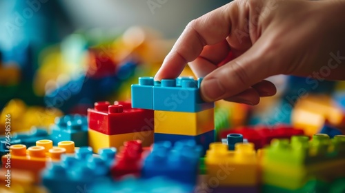 Close-up of a hand building a structure with colorful brick blocks, sparking unconventional solutions