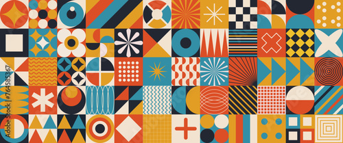 Abstract geometric banner minimal 20s mosaic style with geometry figures and shapes circle, triangle. square. Human psychology and mental health concept illustration. Vector 10 eps
