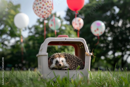 hedgehog in a pet carrier, park balloons above © primopiano