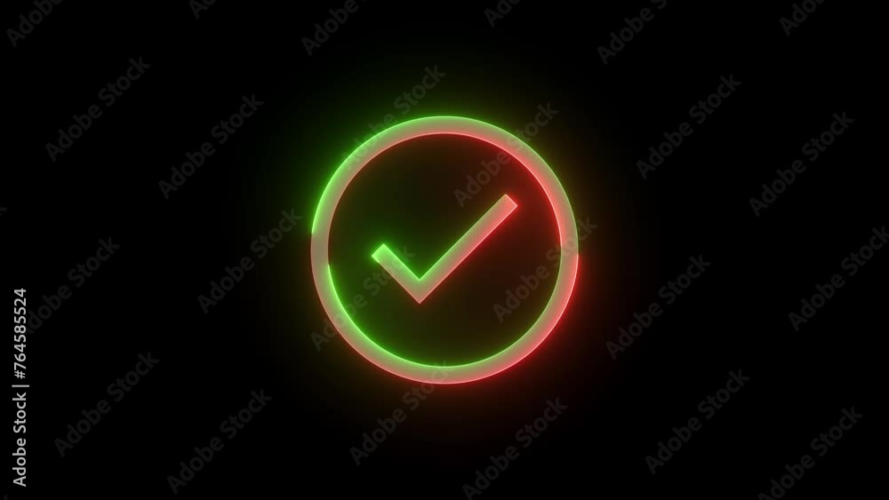 Neon completed check mark icon green red color glowing animated black background Neon completed check mark icon green red color glowing animated black background