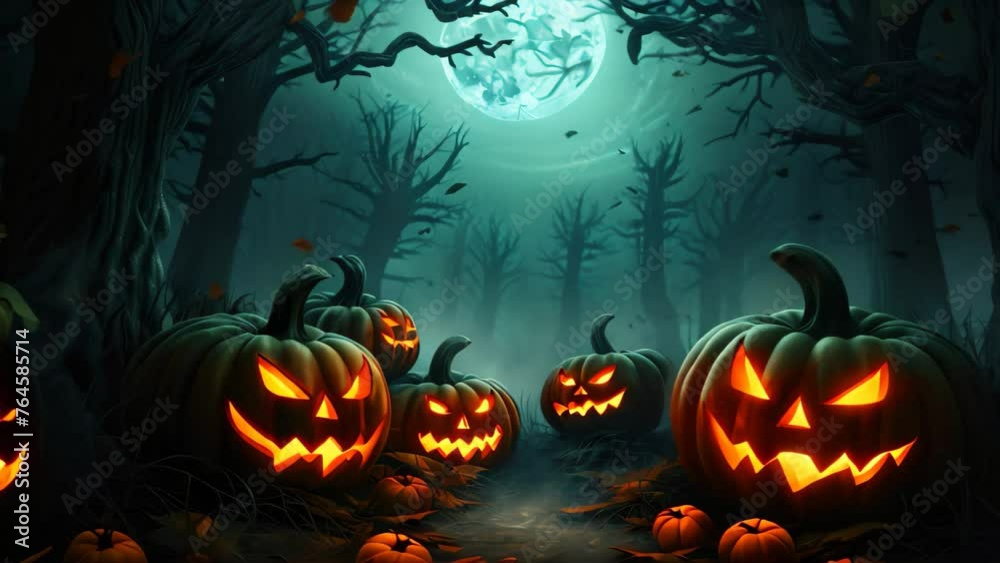 A spooky group of carved pumpkins known as Jack o Lanterns, placed in ...