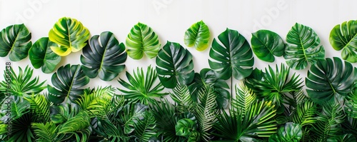 Vibrant tropical foliage  botanical theme  green leaves isolated on white background  interior design with nature-inspired decor  serene atmosphere  plant lover s paradise.