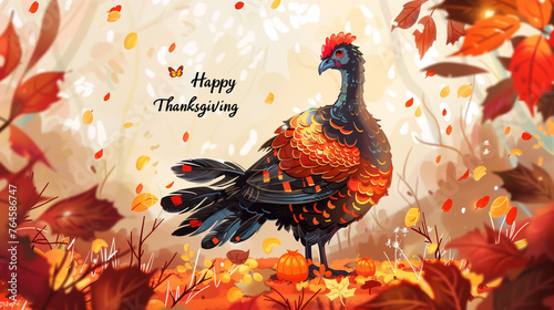 A cheerful turkey enjoying Thanksgiving in a field covered with vibrant autumn leaves