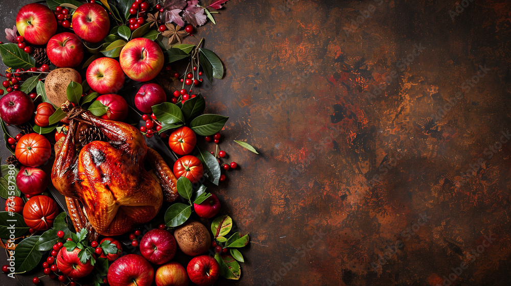A plump turkey sits surrounded by a colorful array of apples and various fruits, creating a happy Thanksgiving background - obrazy, fototapety, plakaty 