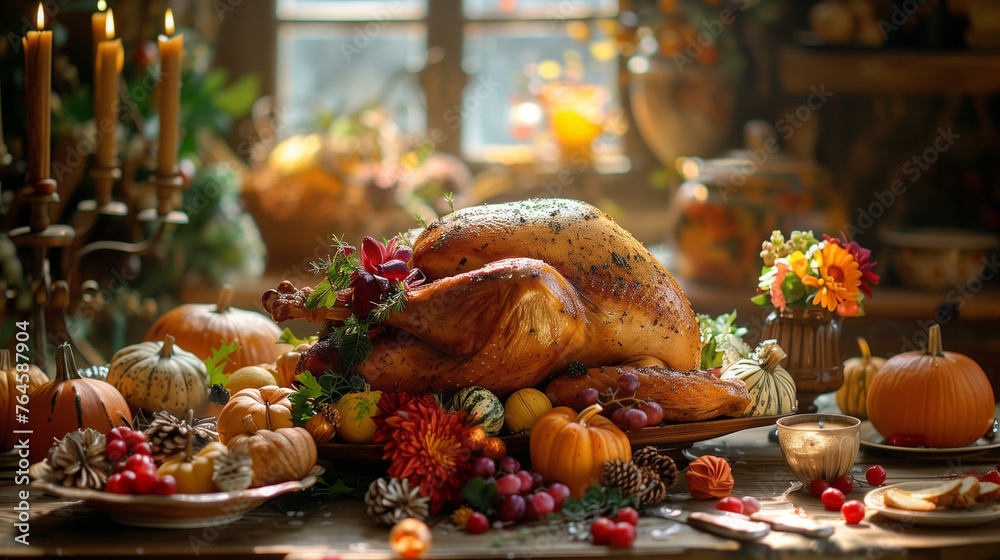 A majestic turkey sits atop a table, surrounded by festive Thanksgiving decorations, creating a happy and inviting scene A majestic turkey sits atop a table, surrounded by festive Thanksgiving decorations, creating a happy and inviting scene