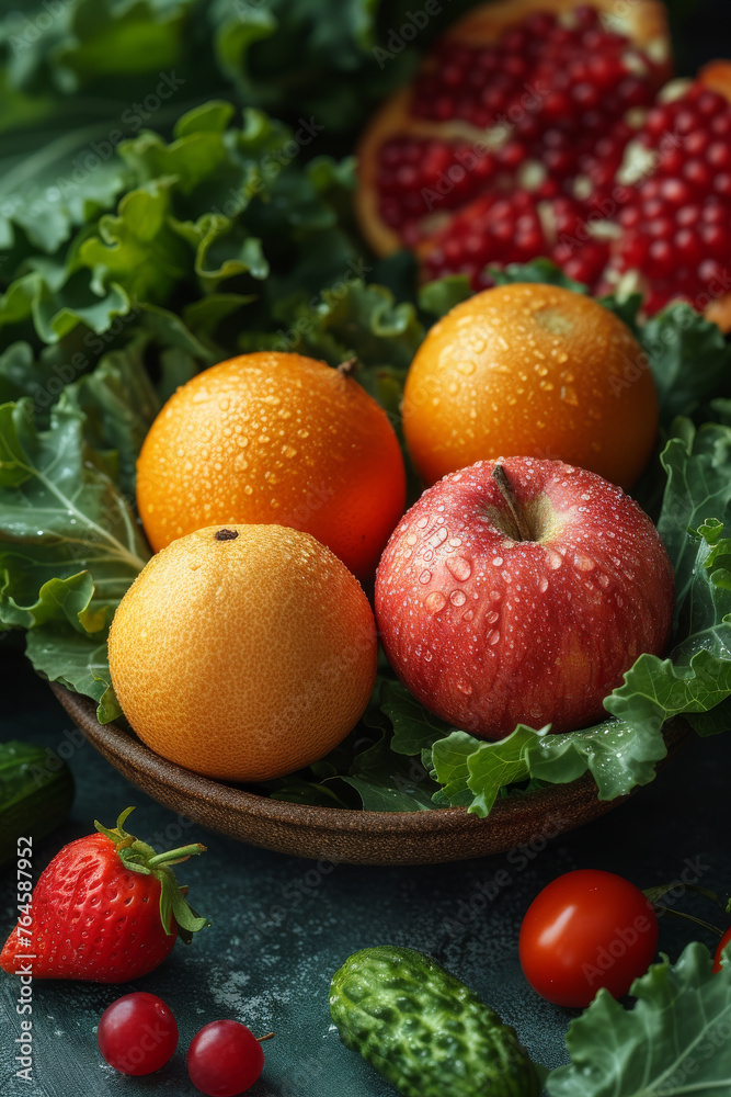 Fresh fruits and vegetables on dark background