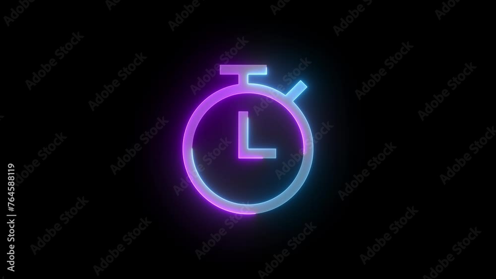 Neon stop watch icon cyan purple color glowing animated black background Neon stop watch icon cyan purple color glowing animated black background