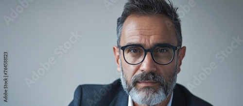 The image features a gentleman in a suit, characterized by glasses and a beard.