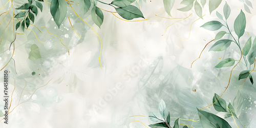 Watercolor soft green leaves with abstract gold wave lines on a white background. This abstract art banner vector illustration is designed for artwork posters or web templates. photo