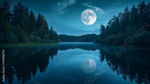  A romantic evening under the stars, with the moon casting a soft glow over a serene lakeside scene,
