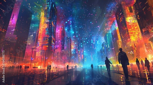 Cityscape at night with fractal starscape elements, neon colors and cyberpunk style. Futuristic metropolis.