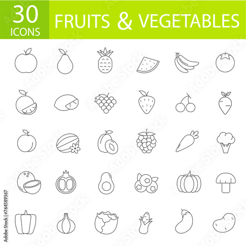 Icons for the site vegetables and fruits colored lines 30 icons illustration