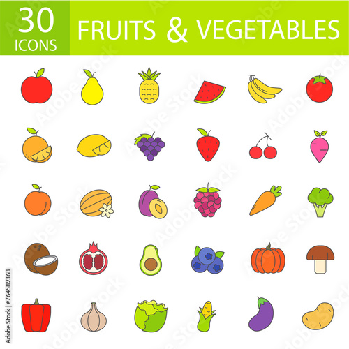 Icons for the site vegetables and fruits colored lines 30 icons illustration