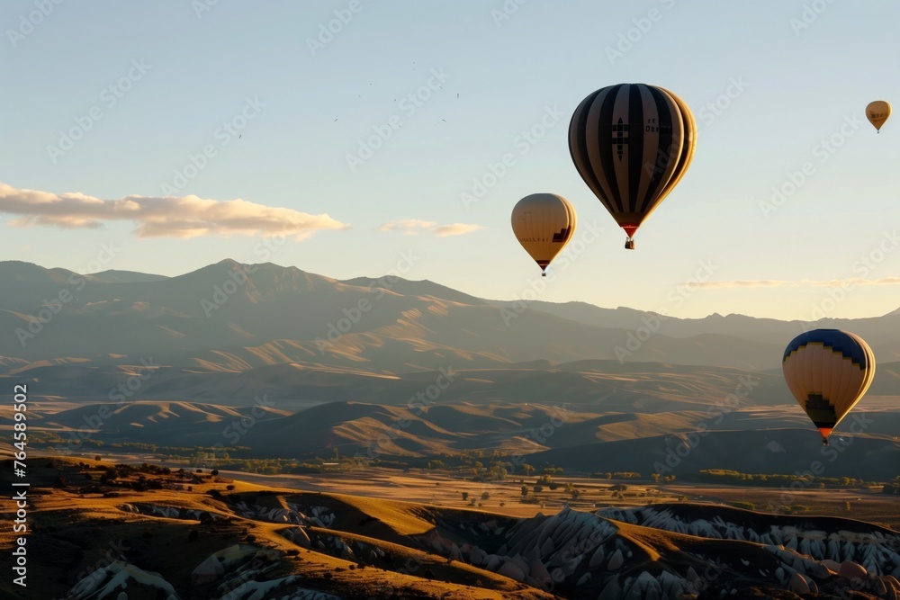 balloons in flight with mountain range in the distance