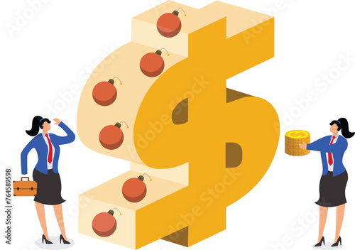 Panic and negative financial markets, financial investment risks or crises, risk assessment and analysis, market uncertainty, businesswomen holding gold coins looking in panic at the bombs inside the 