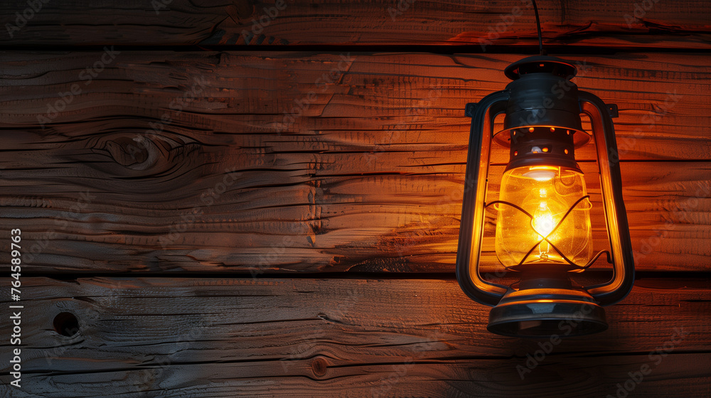 A vintage lantern hangs against a weathered wooden background