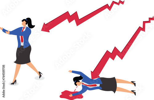 Business risk, failed business or businesswoman, economic or earnings recession, stock market or market price decline, Great Depression invasion, falling arrow attack on businesswoman