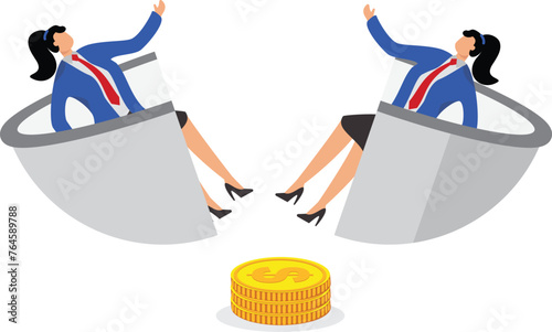 Laziness, not working even if poor, negative attitude towards life, giving up pursuits and ideals, compromising on life, businesswomen lying asleep inside the broken and penniless bowl