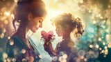 mother with daughter holding a flower heart, Mother's Day