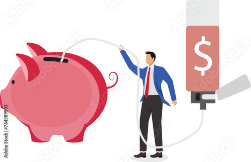 Infusion to the piggy bank, healthy wealth saving plan and management, save the piggy bank, running businessman infusion to the piggy bank