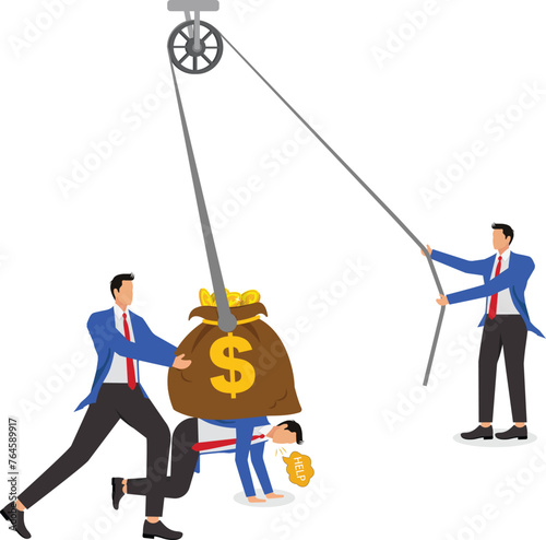 Paying off debts, debt problems, mortgage or financial loan crisis, two businessmen try to take off the huge money bag that weighs on their companion