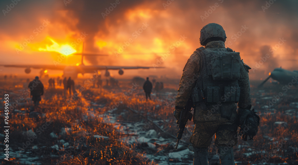 Military soldier and helicopter on the field at sunset Military soldier and helicopter on the field at sunset