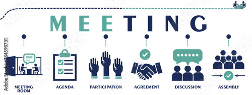 Meeting banner web solid icons. Vector illustration concept with an icon of meeting room, agenda, participation, agreement, discussion and assembly