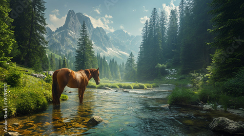  A serene scene of a horse grazing peacefully in a mountain meadow, framed by towering peaks and vibrant wildflowers
