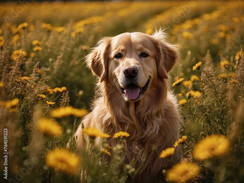 Golden retriever with a joyful expression in flower field