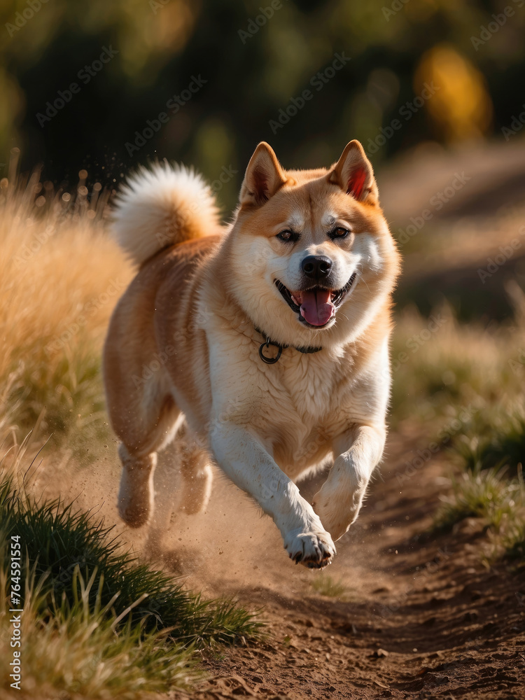 Akita with a joyful expression playing in the field