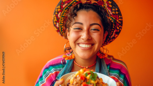 Mexican young woman smiling while holding a plate with mexican food over a orange background with copy space.