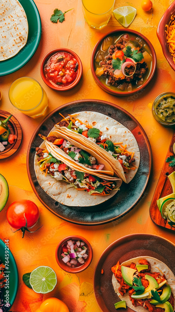 Frontal view of mexican food on vibrant colors table