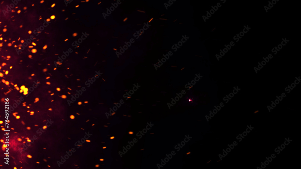 Red Glowing Ember Particles, Dark Glitter Fire Lights Rise Amidst Smoke, Fog, and Misty Texture Over Black Background. Experience the Intensity of Burning Sparks in this Abstract Composition