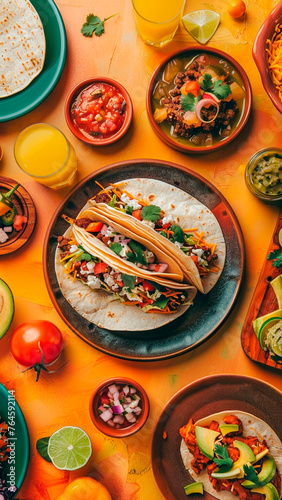Frontal view of mexican food on vibrant colors table © noeliauroz